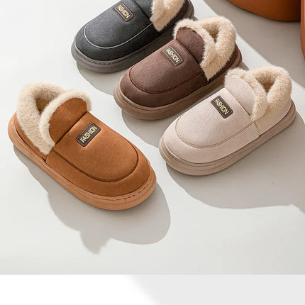 Comwarm Women Cotton Slippers Winter Warm Plush Lined Outdoor Slides Couple Non-slip Furry House Slippers Soft Cozy Cotton Shoes