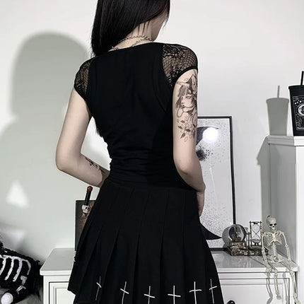Women's Vintage Gothic T-shirt Bodycon Bandage Lace Black Mesh Top Sexy Casual Gothic Streetwear Female Top