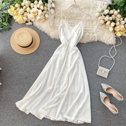 Women Sexy Beach Long Dress Summer V-neck Elegant White Evening Party Dressesladies Backless Bandage Satin Dress Vestidos