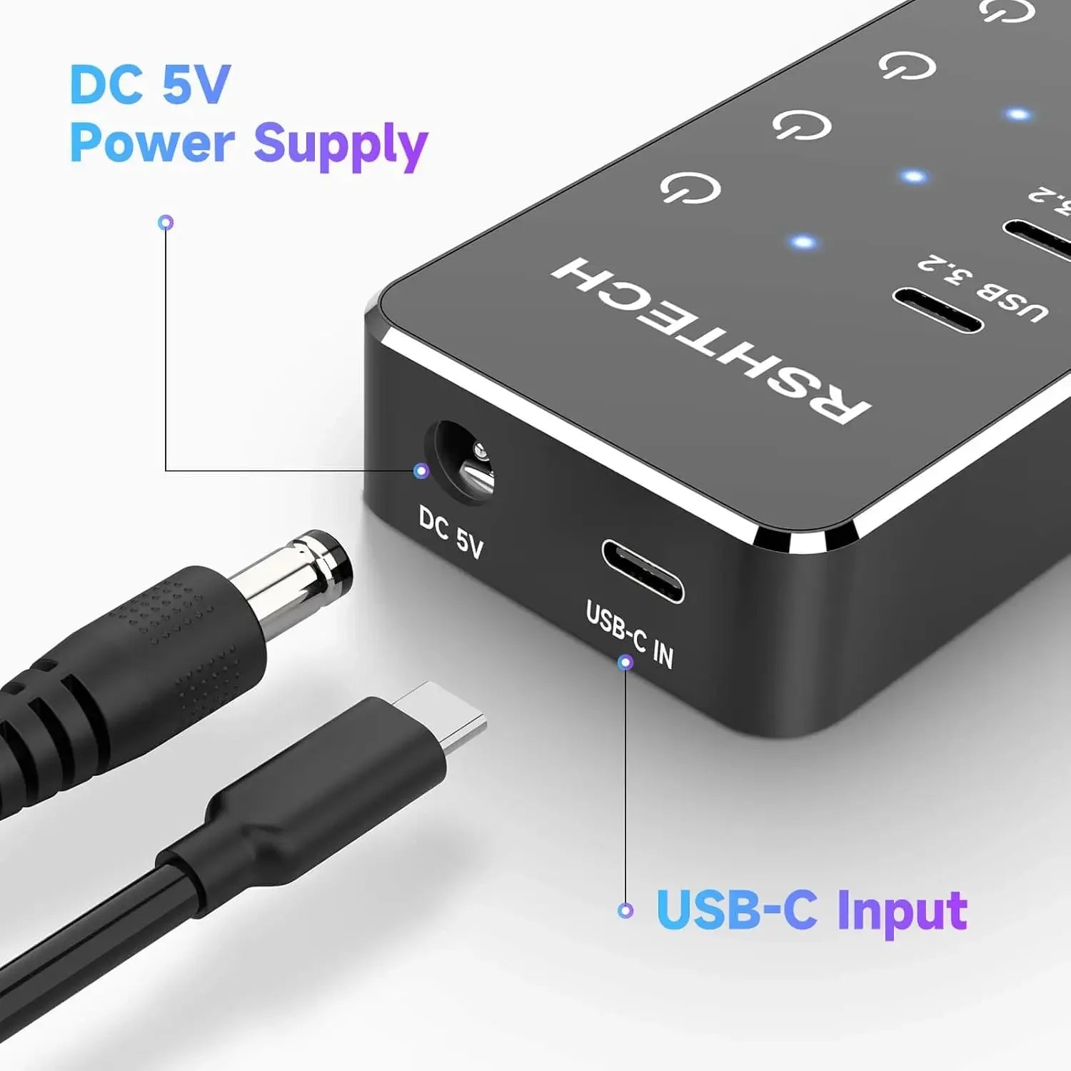 RSHTECH 7-Port Powered USB C Hub with 10Gbps USB-C 3.2 Ports Individual Touch Switches 5V/3A Power Adapter Laptop USB Splitter