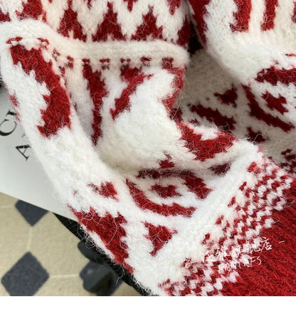 Vintage New Year Red Sweater Women's Autumn/Winter Outerwear Thickened Lazy Christmas Spirit Design Sensibility Loose-Fit Soft A