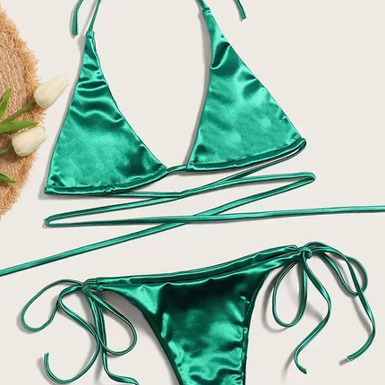 Halter Brazilian Metallic Satin Bikini Women Swimwear Female Swimsuit Two-pieces Bikini Set High Cut Bathing Suit Swim Beachwear