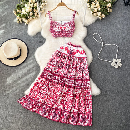 JAMERARY Summer Runway Blue And White Porcelain Two Piece Set Women Flower Print Short Crop Top + Holiday Beach Maxi Skirt Suits