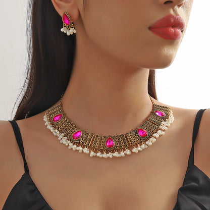3 PCS Vintage Indian Style Alloy Necklace Earrings Set Exotic Exquisite Pearl Rhinestone Tassel Collar Chain Earrings Palace