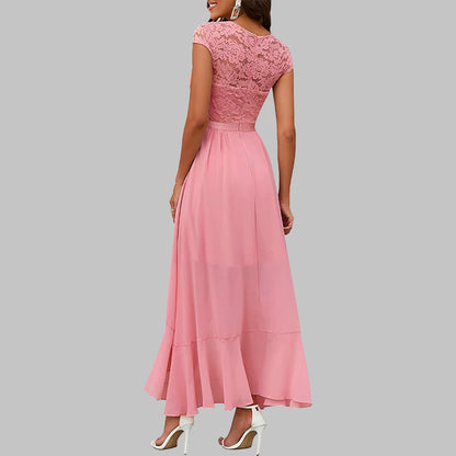 Women New Evening Party Dress Summer Elegant Fashion Sleeveless Lace Spliced Chiffon Ruffled Irregular Hem Cocktail Long Dresses