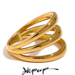 Yhpup Stainless Steel Geometric Hollow Layered Wide Ring Metal Texture Waterproof Daily Simple Stylish Golden Jewelry for Women