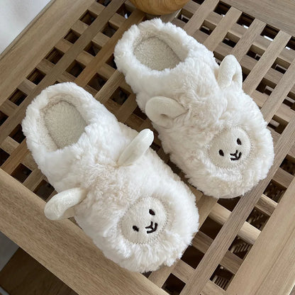Women Home Fluffy Slippers Platform Anti Slip Comfortable Warm Shoes Cute Sheep Outdoor Couple Slippers Women Men Ladies Shoes