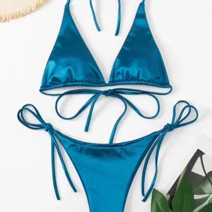 Halter Brazilian Metallic Satin Bikini Women Swimwear Female Swimsuit Two-pieces Bikini Set High Cut Bathing Suit Swim Beachwear