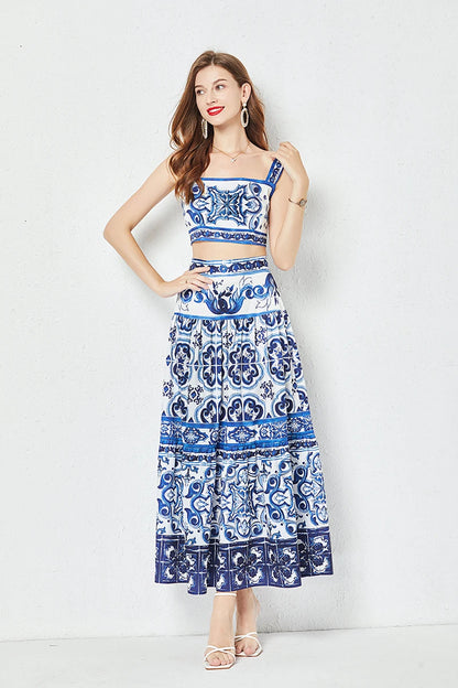 JAMERARY Summer Runway Blue And White Porcelain Two Piece Set Women Flower Print Short Crop Top + Holiday Beach Maxi Skirt Suits