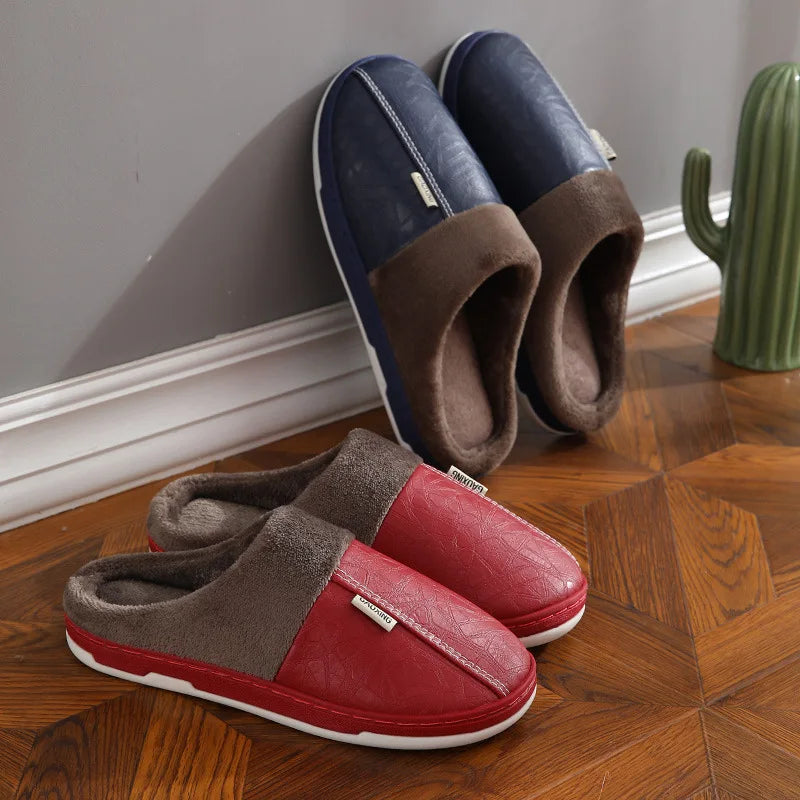 Warm Men's slippers Winter Casual Indoor Waterproof PU Leather Women Home Cotton shoes Fur Flat Cotton Bedroom Houseshoes