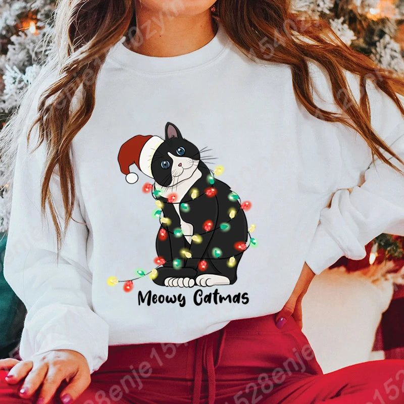 Christmas Light Cat Meowy Catmas Print Sweatshirt Autumn And Winter Sweatshirt Ladies Casual Long Sleeve Hoodless Pullovers Tops