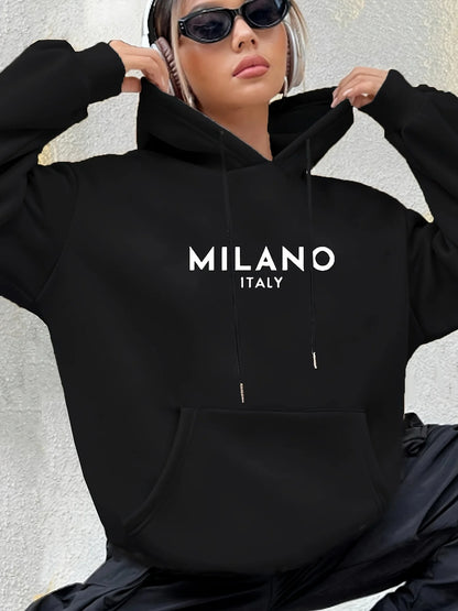 Milano Print Kangaroo Pocket Hoodie, Casual Long Sleeve Drawstring Hoodies Sweatshirt, Women's Clothing