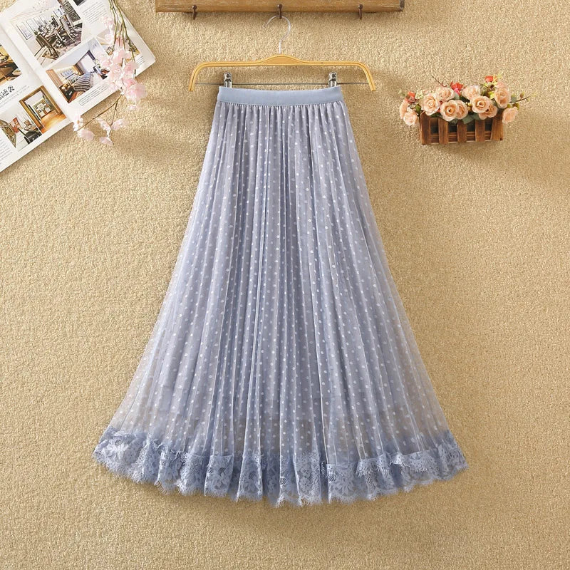 Tutu Tulle Long Maxi Skirt Women Fashion 2023 Korean Cute Pink High Waist Pleated Skirt Mesh Female Lady Aesthetic Faldas
