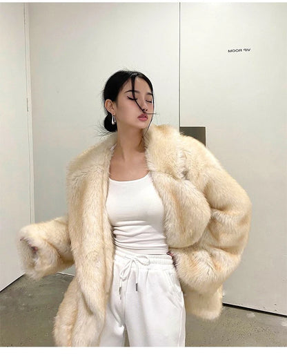 Lautaro Winter Loose Casual Thick Warm Soft Hairy Faux Fur Coat Women Luxury High Quality Furry Fluffy Jacket Korean Fashion