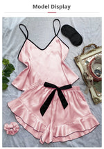 Women's Smooth Satin Pajamas V-Neck T-Shirt Ruffled Edges And Bow Shorts Simple And Breathable Pajama Set Sling Home Clothing