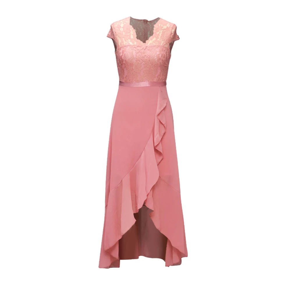 Women New Evening Party Dress Summer Elegant Fashion Sleeveless Lace Spliced Chiffon Ruffled Irregular Hem Cocktail Long Dresses