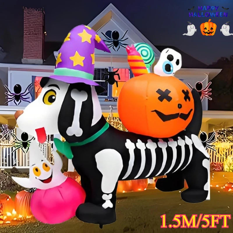 1.5M/5FT Halloween Decorations Inflatable Toy Skeleton Dog with Pumpkin LED Light Up Blow Up Lawn Inflatable Model Outside Decor