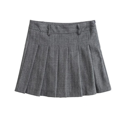 TRAF 2024 Spring Women Fashion Grey 2 Piece Sets Woman Pinstripes Pockets Slim Blazer Coat + Zipper Versatile Female Mini Skirts
