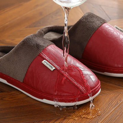 Warm Men's slippers Winter Casual Indoor Waterproof PU Leather Women Home Cotton shoes Fur Flat Cotton Bedroom Houseshoes