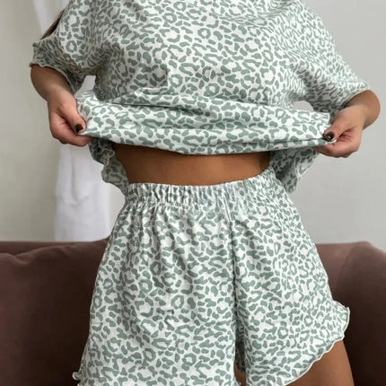 Women's Fashion Models Leopard Print Sexy Hottie Round Neck Short Sleeve Shorts Suit Pyjamas Homewear