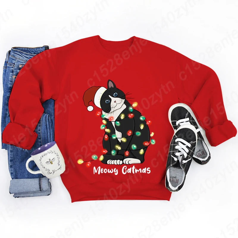 Christmas Light Cat Meowy Catmas Print Sweatshirt Autumn And Winter Sweatshirt Ladies Casual Long Sleeve Hoodless Pullovers Tops