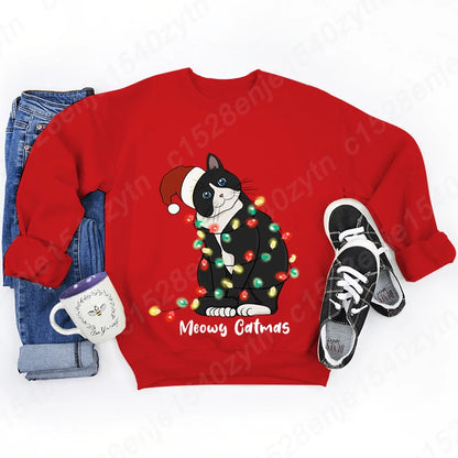 Christmas Light Cat Meowy Catmas Print Sweatshirt Autumn And Winter Sweatshirt Ladies Casual Long Sleeve Hoodless Pullovers Tops