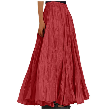 Women's Fashion Skirt Casual High Waist Ruched Soild Color Vintage Loose Beach Holiday Big Swing Wrap Hip Versatile Long Skirt
