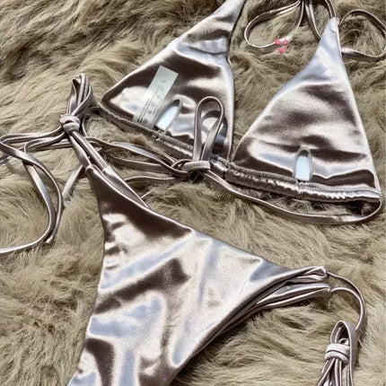 Halter Brazilian Metallic Satin Bikini Women Swimwear Female Swimsuit Two-pieces Bikini Set High Cut Bathing Suit Swim Beachwear
