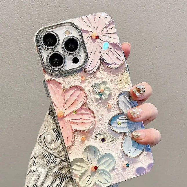Luxury Flowers Glitter Laser Phone Case For iPhone 16 Pro Max 15 14 Plus 13 12 11 Diamond Soft Shockproof Lens protection Cover