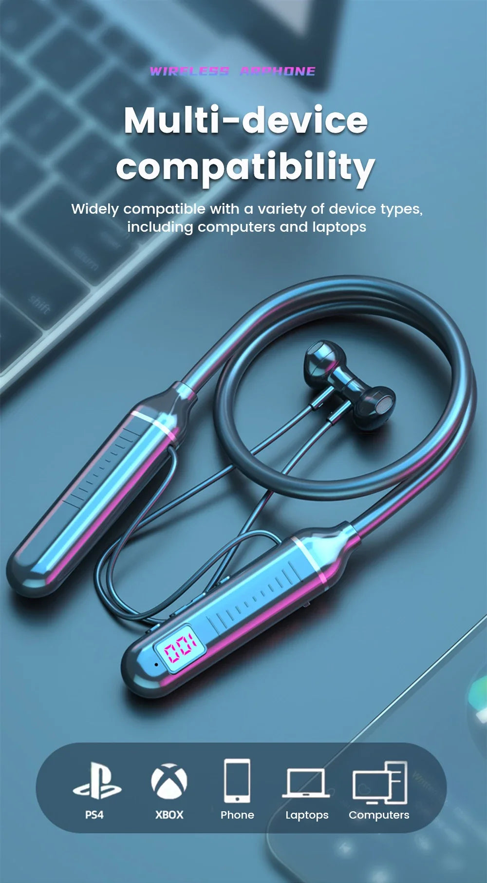 Wireless Earphones 5.3 Neckband Headphones Gaming LED Display Stereo Sports Headset Halter Waterproof Magnetic Earbuds