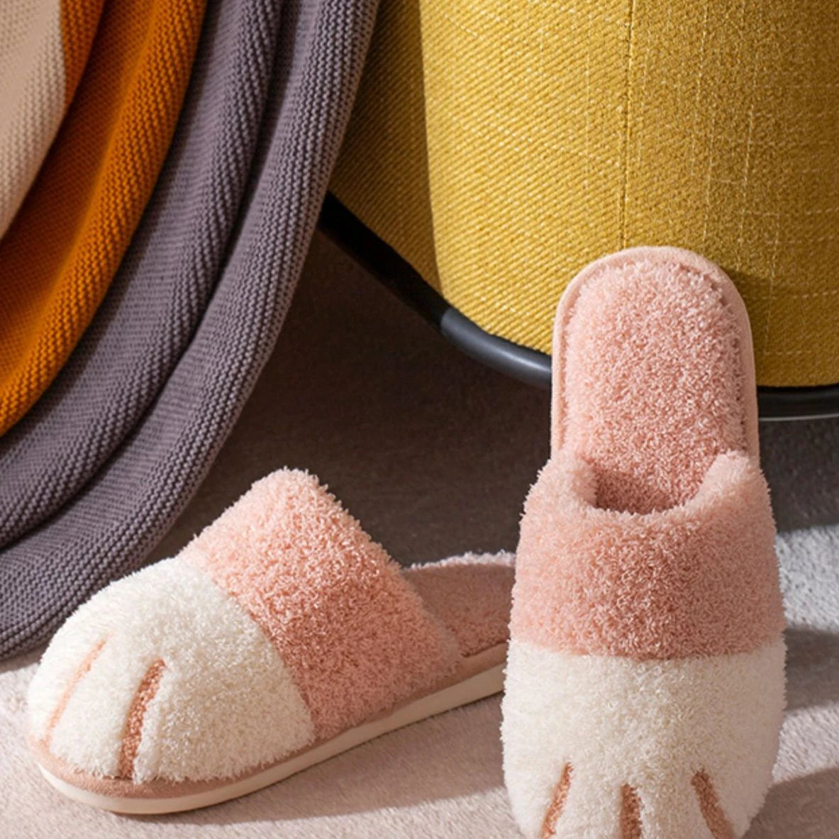 BEVERGREEN Winter Cute Cat Paw Designer House Women Fur Slippers Floor Mute Bedroom Lovers Warm Plush Shoes Indoor Fluffy Slides