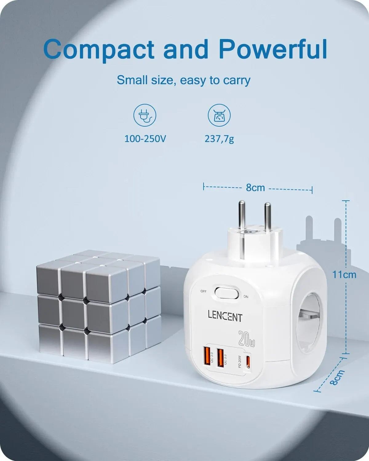 LENCENT EU Plug Wall Socket Extender with 4 AC +QC3.0USBX2 +1 Type C PD20W Fast Charger Adapter 7-in-1 Socket On/Off Switch
