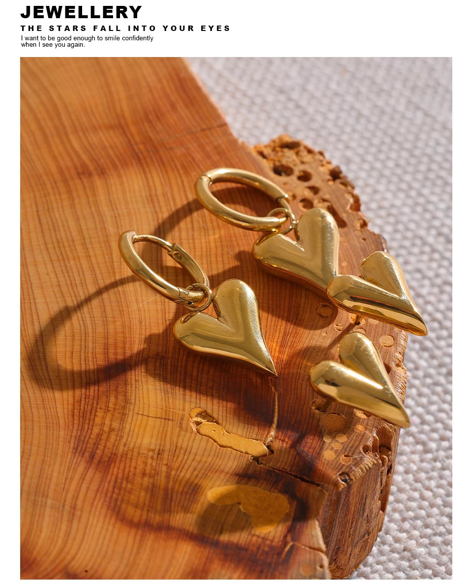 Yhpup Stainless Steel Chic Heart Huggie Hoop Earrings Charm Gold Color Tarnish Free Trendy Fashion Jewelry for Women Bijoux