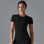 Women Running Sports T Shirt Summer Short Sleeve Round Neck Breathable Stretchy GYM Yoga Slim Fitness Active Top Tee