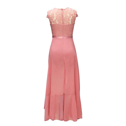 Women New Evening Party Dress Summer Elegant Fashion Sleeveless Lace Spliced Chiffon Ruffled Irregular Hem Cocktail Long Dresses