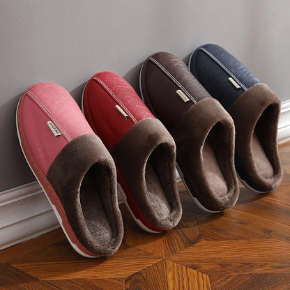 Warm Men's slippers Winter Casual Indoor Waterproof PU Leather Women Home Cotton shoes Fur Flat Cotton Bedroom Houseshoes