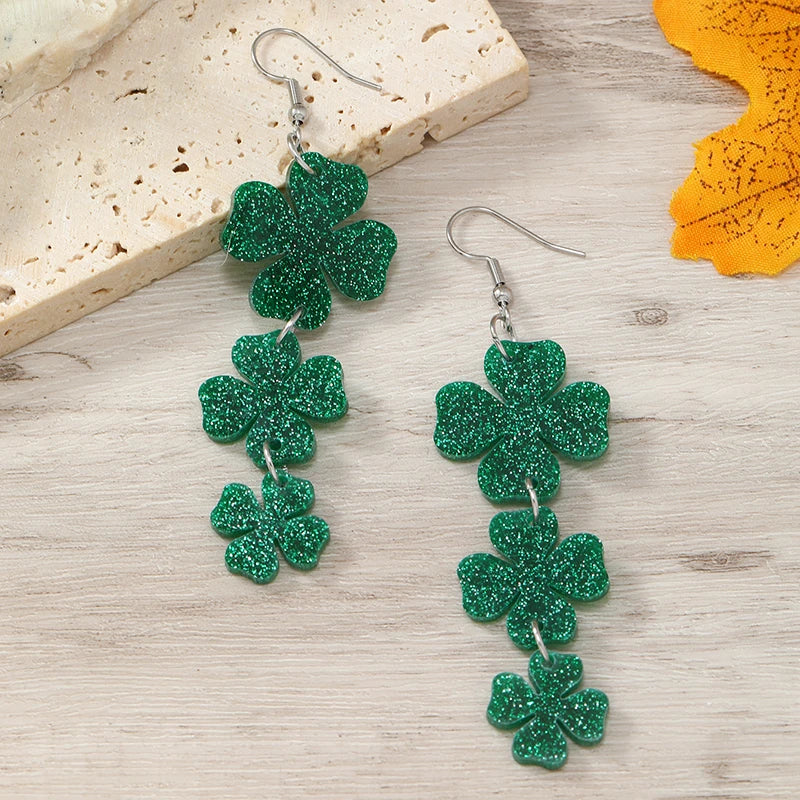 2PCS St. Patrick's Day Clover Love Flow Sequins Horseshoe Hollow Acrylic Earrings High end Carnival in Europe and America