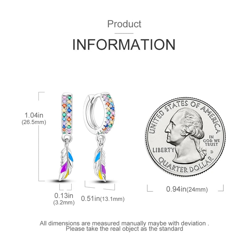 Genuine 925 Sterling Silver Love Feather Earrings Fit Original Charms Hoop  For Women girls Stud Earring Fine Jewelry Gifts