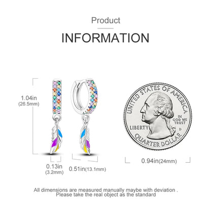 Genuine 925 Sterling Silver Love Feather Earrings Fit Original Charms Hoop  For Women girls Stud Earring Fine Jewelry Gifts