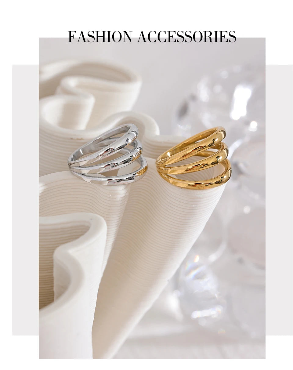 Yhpup Stainless Steel Geometric Hollow Layered Wide Ring Metal Texture Waterproof Daily Simple Stylish Golden Jewelry for Women