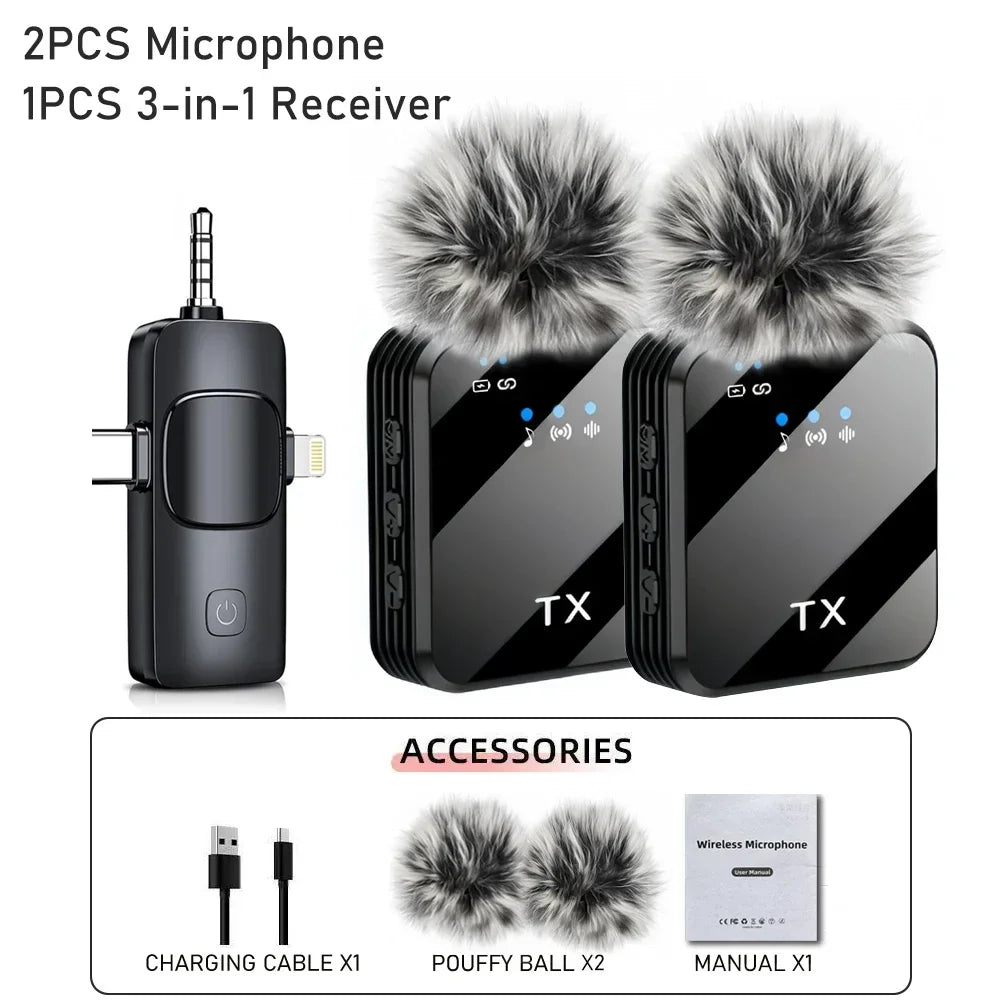 3in1 Microphone for iPhone/Android, Wireless, 328ft Transmission, Mini Microphone for Record Interview