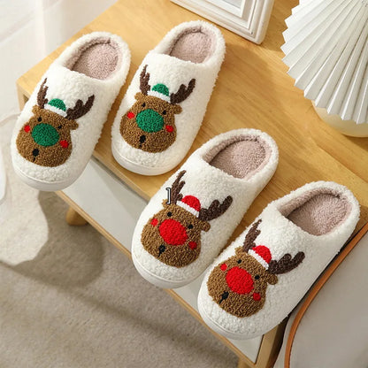 Christmas Elk Cotton Slippers For Women Men Winter Cute Cartoon Slippers Indoor Non Slip Couple Floor Slides Home Plush Shoes