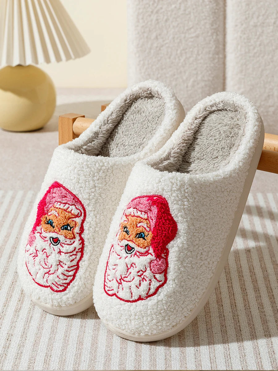 Fashion Winter Christmas Santa Claus Slippers Houseshoes Women Comfy Home Flat Slip-on Bedroom Cute Pink Christmas Party Shoes