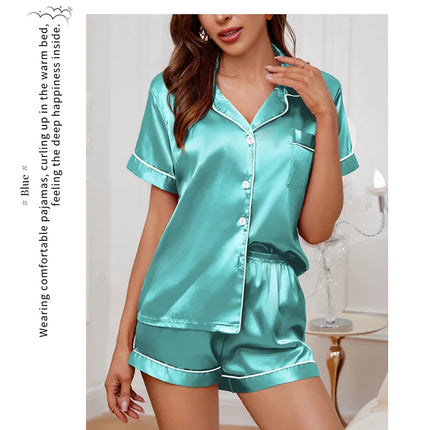 Womens Satin Pajamas Set Luxurious Short Sleeve Turn-down collar Button Top & Shorts Sleepwear & Loungewear for Summer Nightwear