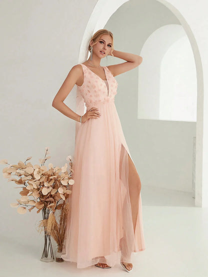 Mgiacy V-neck 3d sequin embroidered mesh slit skirt