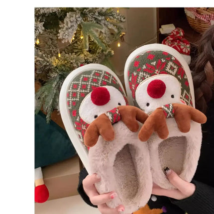 2024 New Christmas Cotton Slippers For Woman Cute Cartoon Deer Anti-slip Girls Indoor Home Floor Shoes Fashion Party Slides