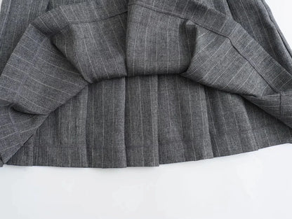 TRAF 2024 Spring Women Fashion Grey 2 Piece Sets Woman Pinstripes Pockets Slim Blazer Coat + Zipper Versatile Female Mini Skirts