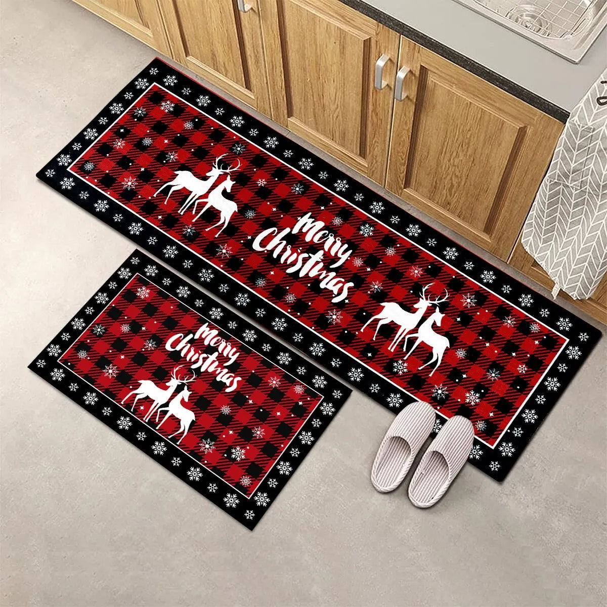 Plaid Christmas Tree Floor Mat Home Kitchen Absorbent Non-slip Mat Merry Christmas Decoration For Home 2024 Happy New Year 2025