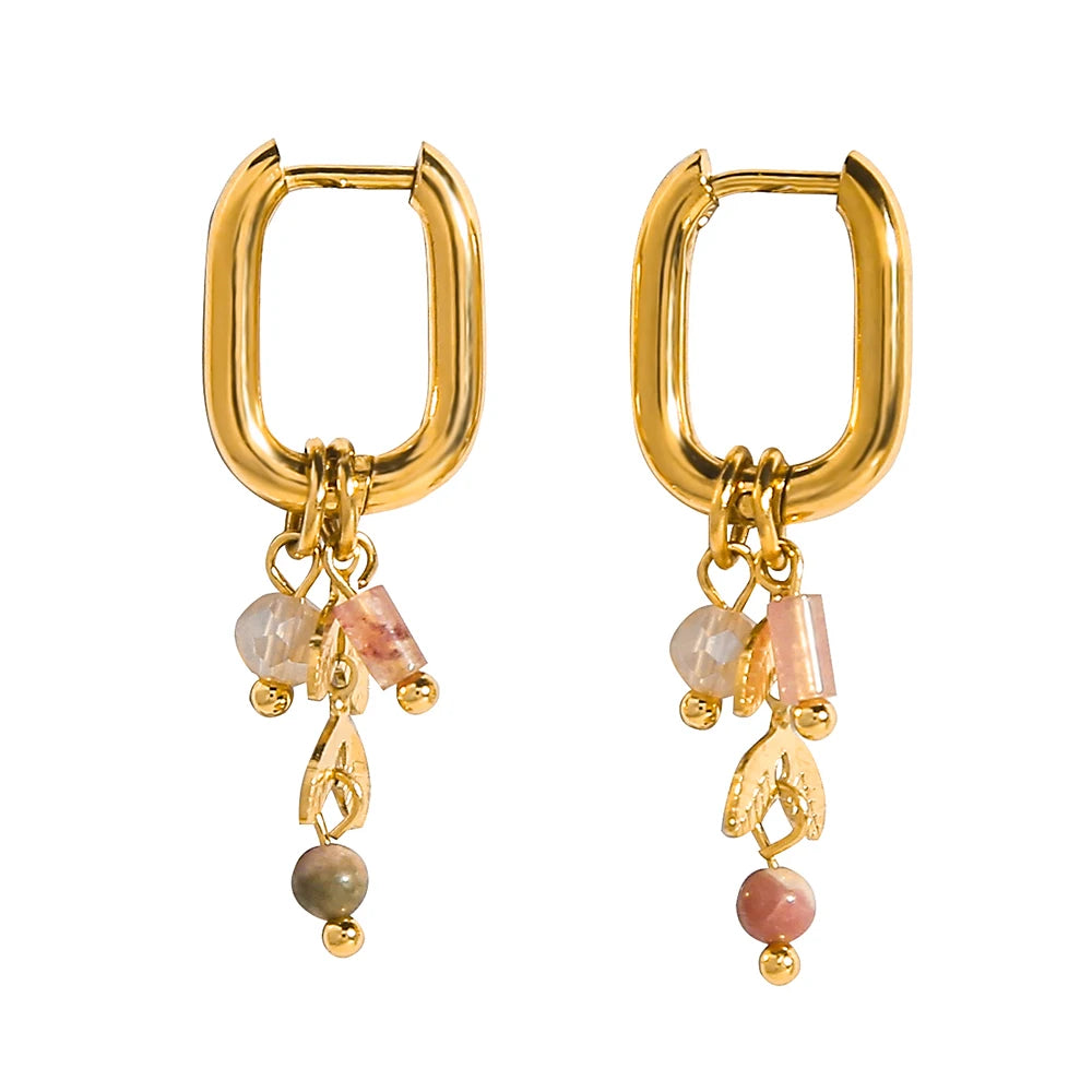 YACHAN 18K Gold Plated Stainless Steel Hoop Earrings for Women Natural Stone Pink Cute Charms Waterproof Jewelry