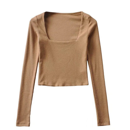 Women Cotton Ribbed Square Neck Crop Top With Long Sleeve